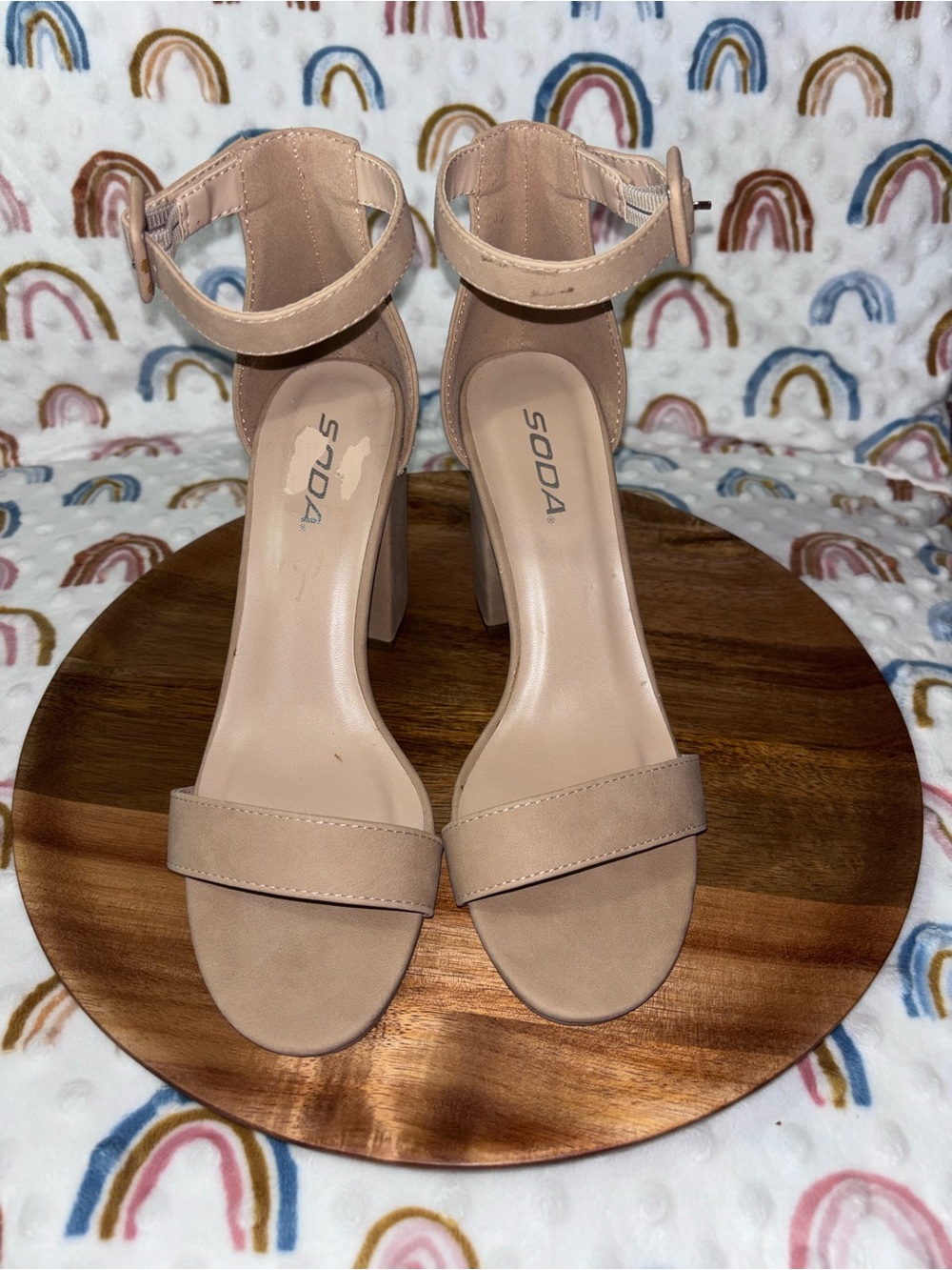 Soda Blush Nude Ankle-Strap Block Heel Sandals